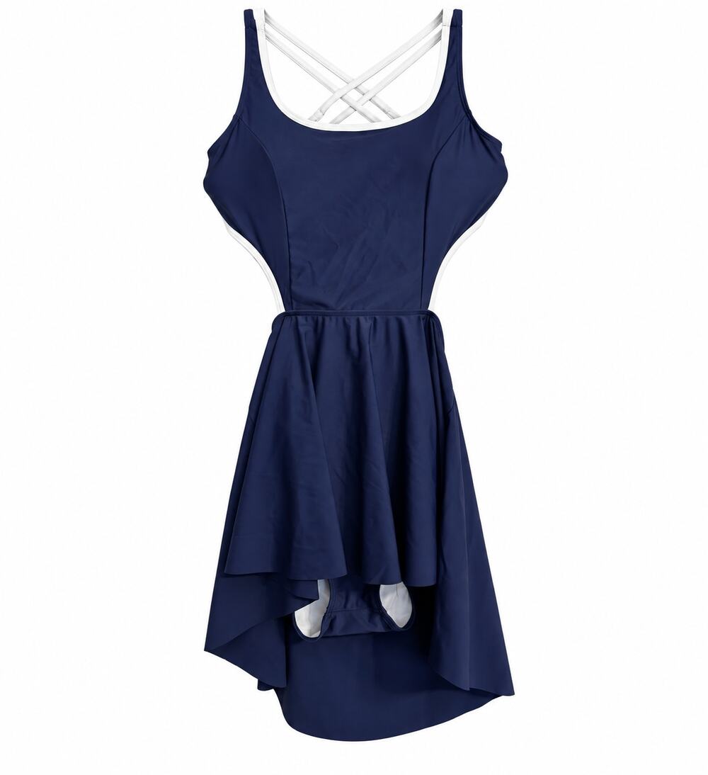 RIHOAS Navy White Swim Dress One Piece Swimsuit Crisscross Back Size L